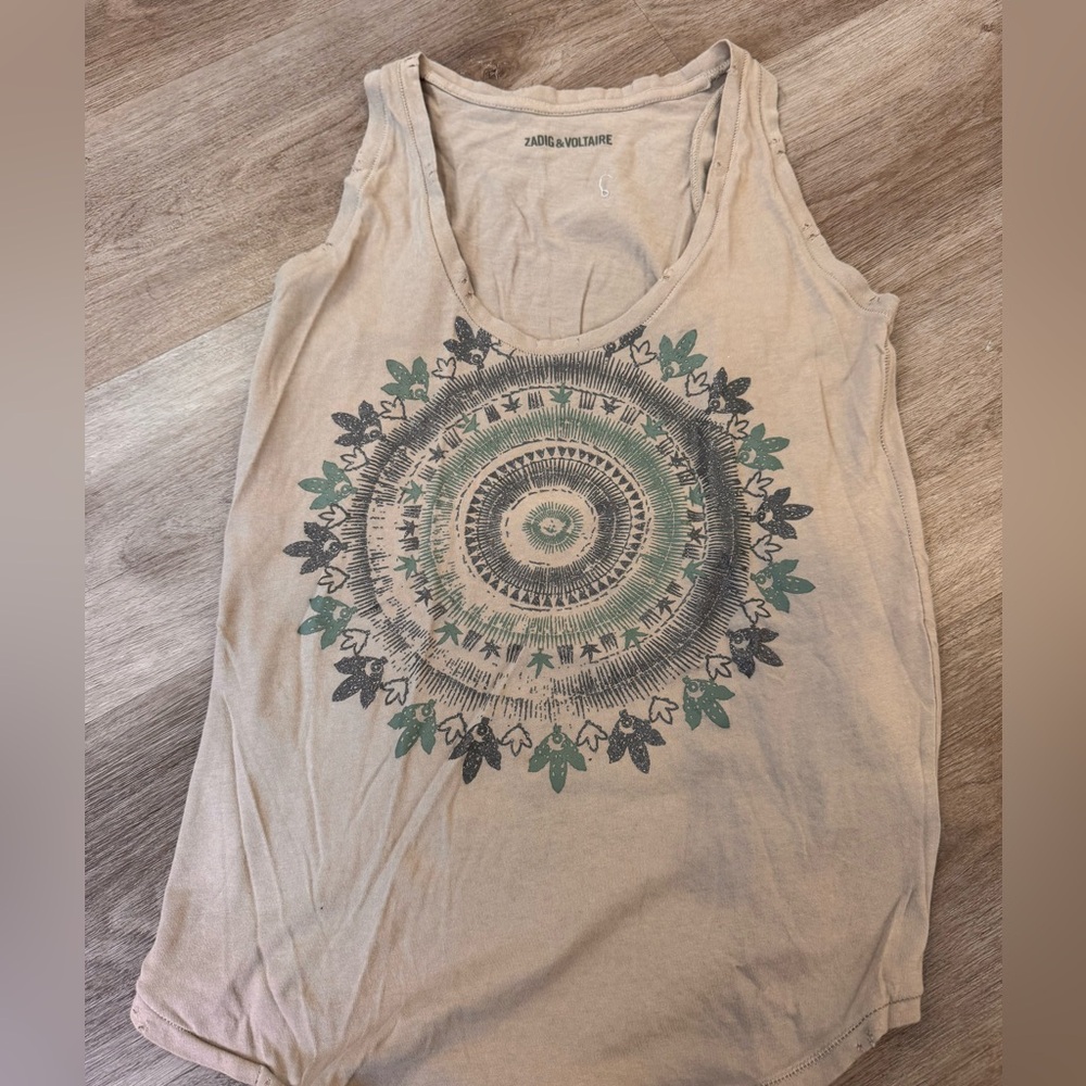 Zadig & Voltaire tan hilda print distressed scoop neck tank 100% cotton size S